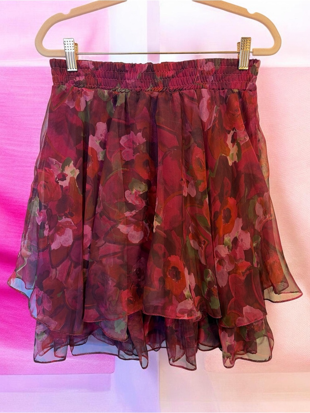 Judy Knapp Floral Tiered Chiffon Skirt - Burgundy Pink